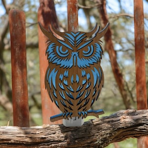 Owl wood and acrylic Night Light Blue