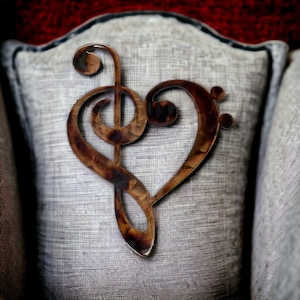 Musical Note Clef Heart Metal Wall Art Style 2 choose 9&quot; tall, 13&quot; tall or 22&quot; tall - Copper & Bronze Plated
