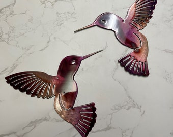 Paire de décorations murales en métal, cuivre, violet Colibri 6 x 6 po. chacune