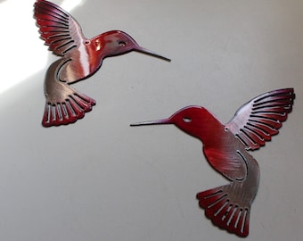 Hummingbird Ruby Tainted Pair Metal Wall Art Decor 6&quot; x 6&quot; each