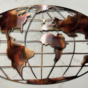 World Map - Metal Wall Art - Copper  choose sizes 15" to 40" wide