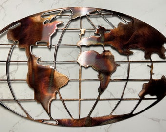 World Map - Metal Wall Art - Copper  choose sizes 15" to 40" wide