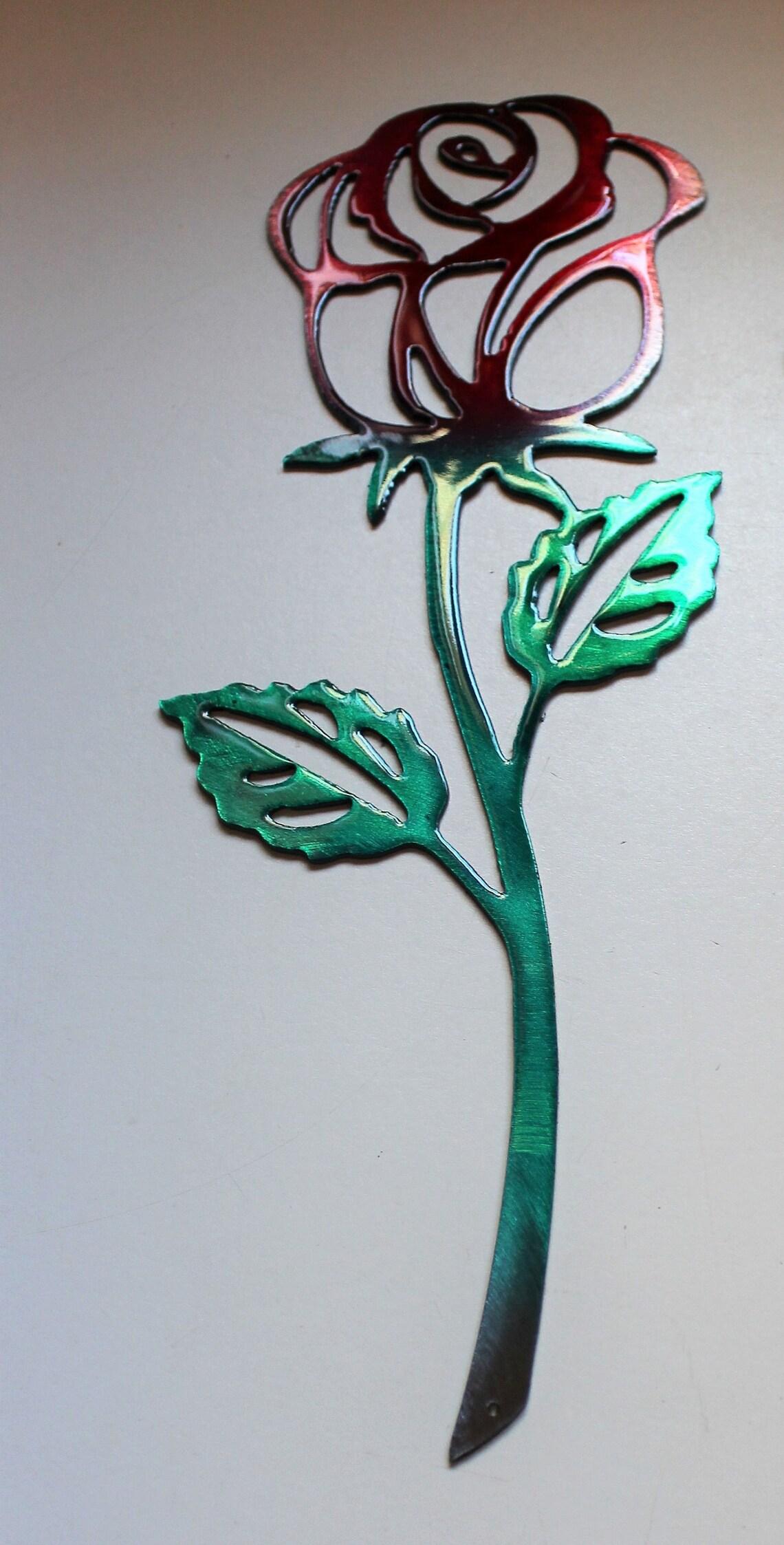 Rose Metal Wall Art Accent Red & Green Pair of Roses 12