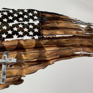 Tattered & Torn American Flag Metal Wall Art Copper/Bronze Pltd with Cross 22 1/2&quot; wide