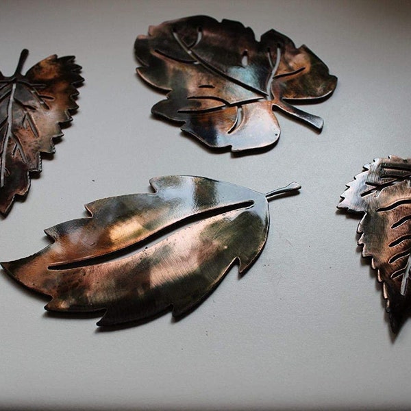 Metal Wall Art Leaf Set  (4) Small Copper/Plated