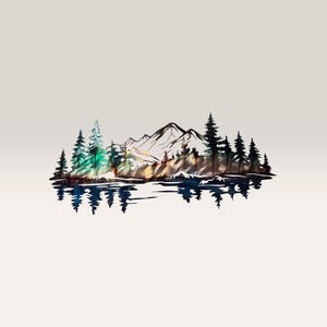 May include: A watercolour painting depicting a mountain range, evergreen trees, and a lake. The artwork uses blues, greens, and browns, with white highlighting the mountain peaks. The lake reflects the trees and mountains below.