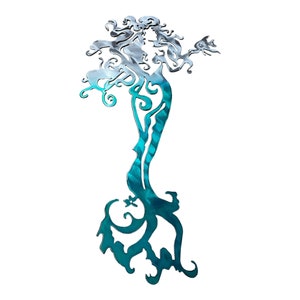Tall Mermaid with a Fish - Metal Wall Art  Teal Tainted