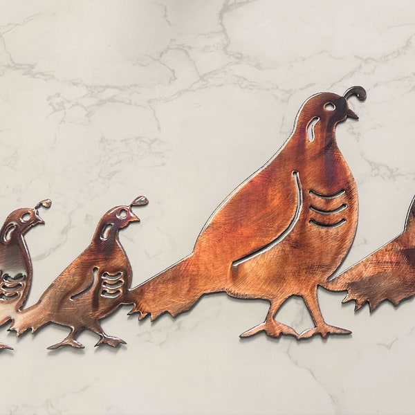 Arizona Quail Family - Metal Wall Art - Copper 17" x 7"