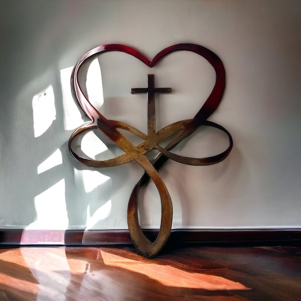 Eternal Love: Infinity Heart Cross Metal Wall Art - Steel, Copper, Bronze Plated with Red Paint Accents