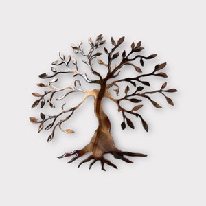 May include: A metal tree wall sculpture with a brown finish. The tree has a thick trunk and many branches with leaves. The roots are visible at the base of the tree.
