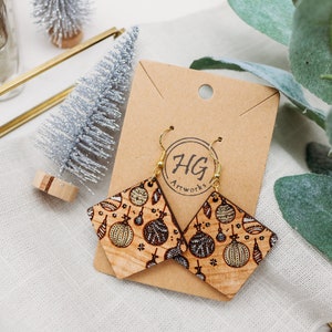 Dangle Ornament Wooden Earrings with silver and gold highlights