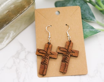 Cursive Cross Earrings | Christian | wooden jewelry | handmade