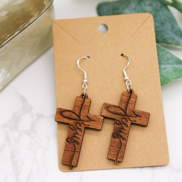 Cursive Cross Earrings | Christian | wooden jewelry | handmade
