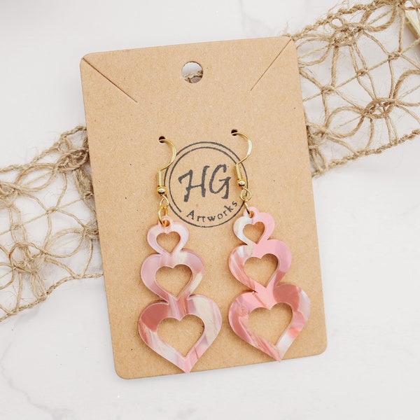 Valentine Hearts/Trio Hearts/Stacked in Love Drop Earrings Pink Marble