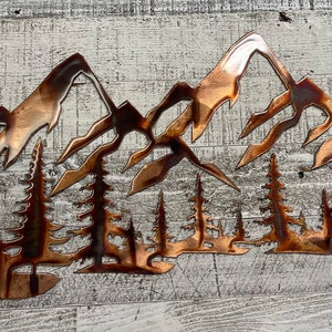 Copper Plated Metal Art Scene - Trees and Mountains