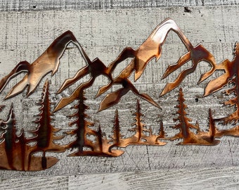 Copper Plated Metal Art Scene - Trees and Mountains