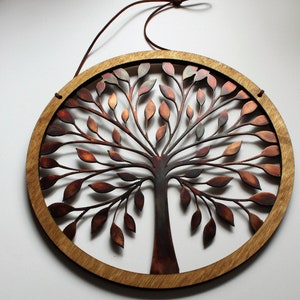 Rustic Wood and Tree of Life Wall Hanging Circle 10 3/4&quot;Copper Bronzed