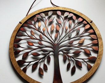 Suspension murale en bois rustique et arbre de vie, cercle, 10 3/4 po., cuivre bronzé