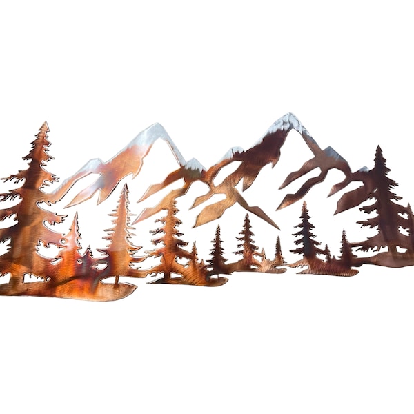 Copper Plated Metal Art Scene - Trees and Snow Capped Mountains