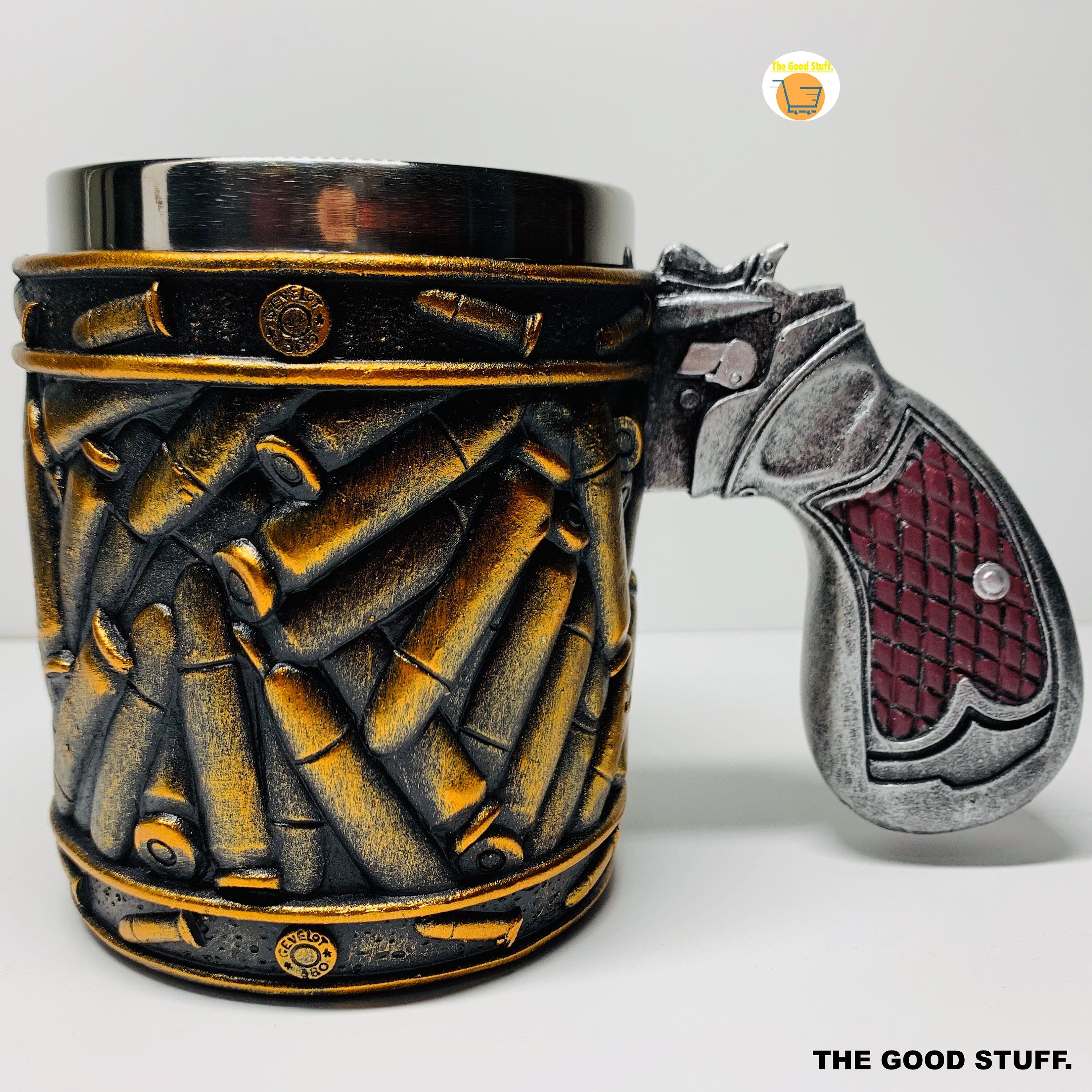 Western Golden Revolver W/ Bullet Round Shells Coffee Mug 6.75"L Tankard Stein Western Golden Revolver W/ Bullet Round Shells Coffee Mug 6.75"L Tankard Stein