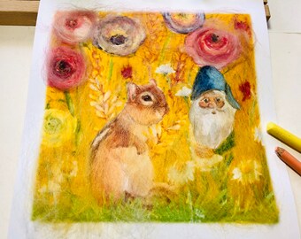 Dwarf and squirrel dreamlike fairy-tale wool merino wool / silk image in anthroposophy and Waldorf style