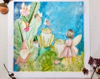 Elfe und Frosch, Bild Kinderzimmer, Papier 20 cm x 20 cm inklusive Passepartout 23 x 23 cm ohne Rahmen, Handarbeit mit Wolle und Seide