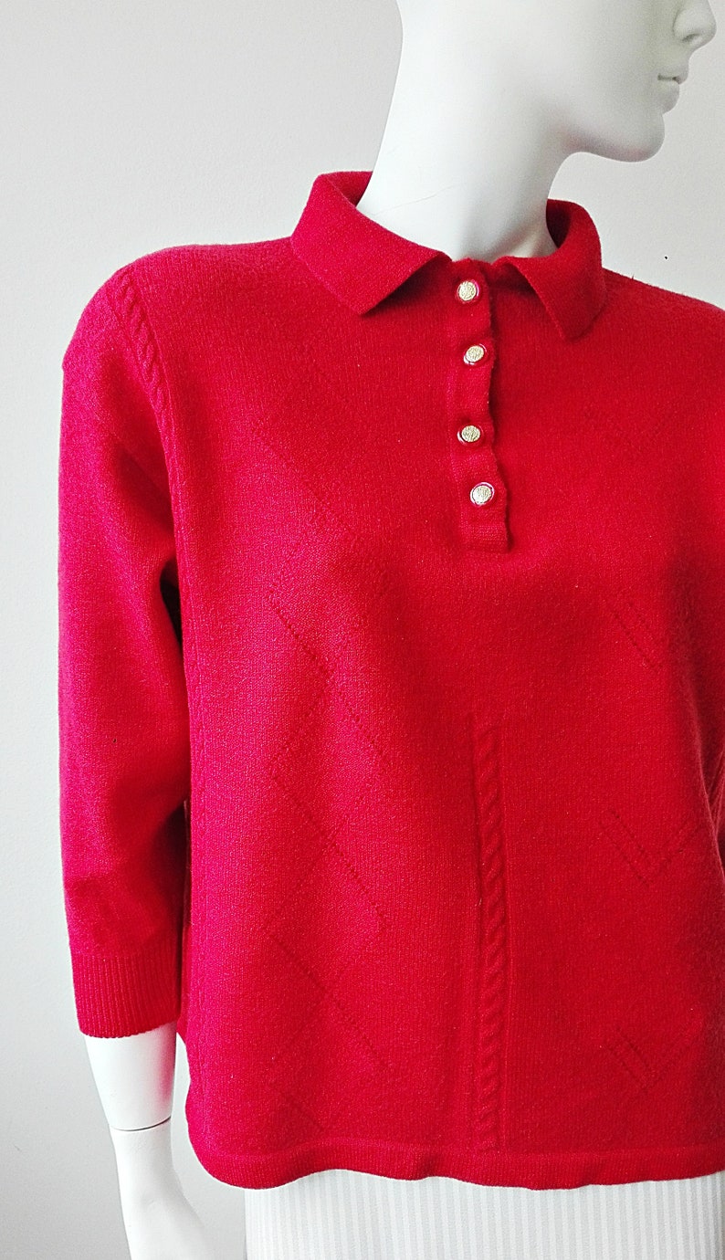 Red Wool Sweater Vintage Wool Collared Sweater with Golden Buttons Red Cropped Vintage Shirt