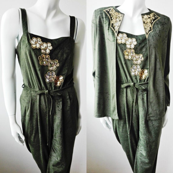 Crushed Velvet Spaghetti Straps Jumpsuit Set, Gree