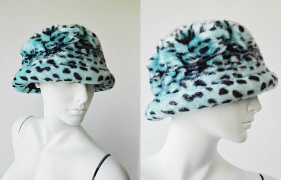 Blue Leopard Hat, Bucket Hat, Faux Fur Hat, Vintag