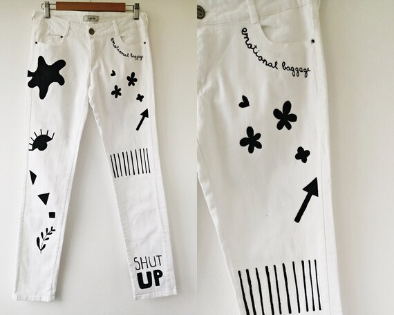Hand Painted Graffiti White Pants, Doodle Painting