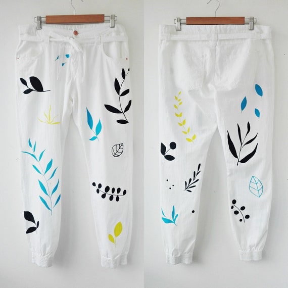 White Baggy Pants with Hand Painted Multi Color Fl