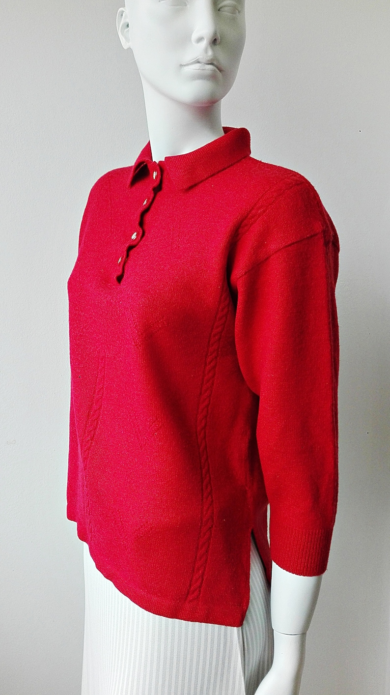 Red Wool Sweater Vintage Wool Collared Sweater with Golden Buttons Red Cropped Vintage Shirt