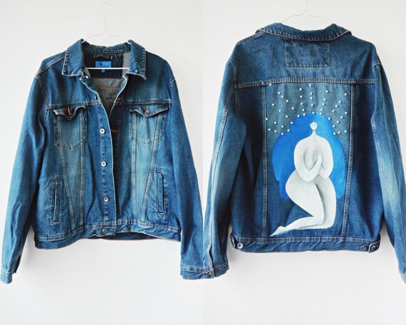 Pearl Beaded Jean Hand Painted Jacket, Medium Wash