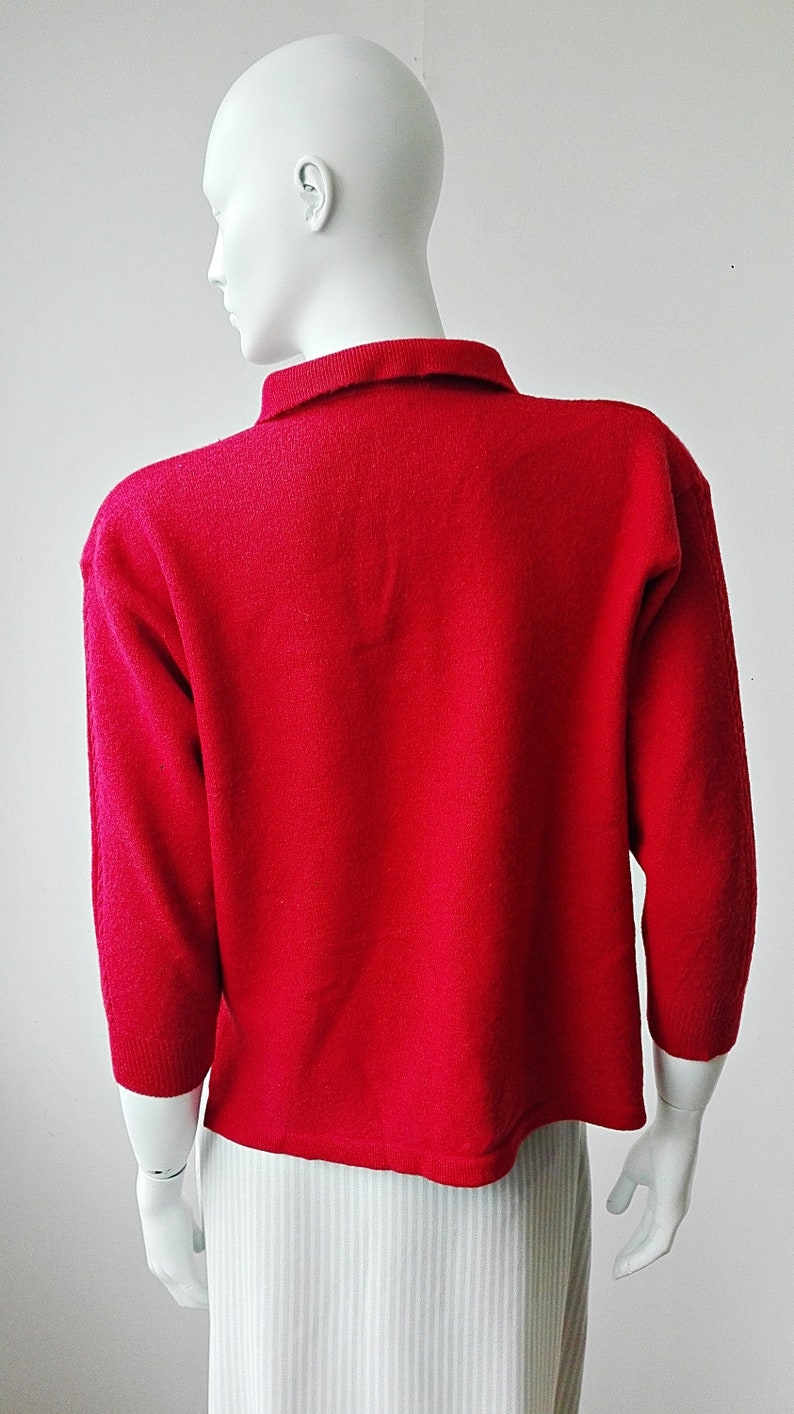 Red Wool Sweater Vintage Wool Collared Sweater with Golden Buttons Red Cropped Vintage Shirt