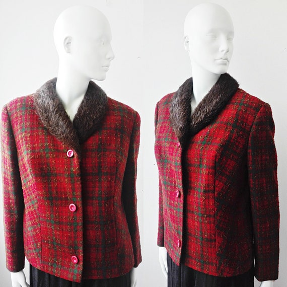 Red Plaid Wool Jacket with Fur Collar, Vintage Pla