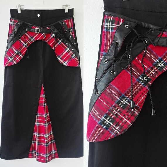 red and black plaid maxi skirt