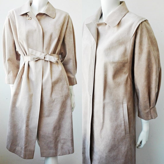 Vintage Pink Tan Faux Suede Trench Coat, Elegant P