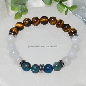 Gemini Zodiac Natural Semi-Precious 8mm Gemstone Healing Crystal Bracelet; Blue Apatite, Moonstone, Tigers Eye; May June Birthday