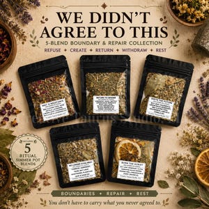 May include: Five black pouches containing herbal simmer pot blends labeled WE DIDN'T AGREE TO THIS, 5-BLEND BOUNDARY & REPAIR COLLECTION. Each pouch features a clear window displaying dried botanicals, including flowers, leaves, and citrus slices.