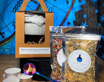 4oz. Mini Ceramic Simmer Pot Starter Kit with Rainbow Teaspoon, 2 Herb Potpourri Packs & Tea Lights; Beginner Starter Set; Intention Setting