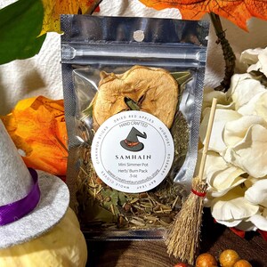 May include: A clear plastic bag filled with dried herbs and spices, including dried red apples, cinnamon sticks, mugwort, rosemary, bay leaves, and whole cloves. The bag is labeled "Samhain Mini Simmer Pot Herb/Burn Pack 5 oz" and "Hand Crafted".