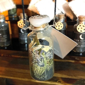Car Protection Hanging Glass Bottle; Herbs, Black Tourmaline, Clear Quartz