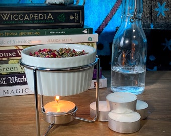 4oz. Mini Ceramic Simmer Pot with Metal Stand and Tea Lights; Dry Potpourri; Aromatherapy; Intention Setting