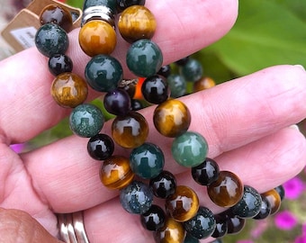 Ancient Root Grounding Bracelet 8mm, Moss Agate, Black Tourmaline & Tigers Eye, Protection Stretch Jewelry