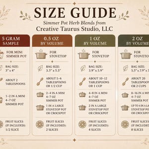 May include: A beige size guide chart for Creative Taurus Studio, LLC Simmer Pot Herb Blends. It lists four volume options: 5 gram sample, 0.5 oz, 1 oz, and 2 oz. Each column details bag dimensions in inches, tablespoon counts, and pot usage instructions.