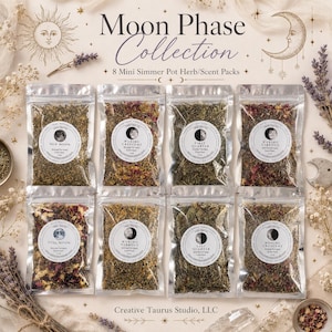 May include: A Moon Phase Collection set of 8 clear pouches containing dried herbs and botanicals for simmer pots. Each pouch features a circular label with moon phase text, including New Moon, Waxing Crescent, First Quarter, and Full Moon.