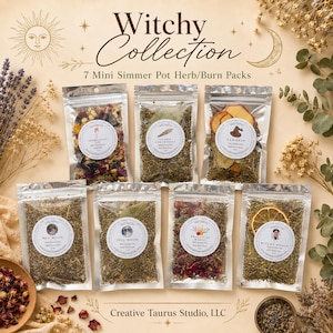May include: Seven clear plastic pouches containing dried herbs, flowers, and fruit slices for simmer pots. Each pouch features a circular white label with text including Witchy Collection, New Moon, Full Moon, Samhain, and Creative Taurus Studio, LLC.