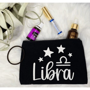 Libra Glitter Canvas Travel Zipper Pouch with Zodiac Sign and Stars; Pencil Pouch, Makeup Bag; September October Birthday