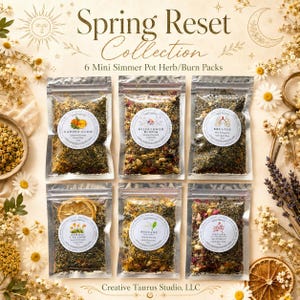May include: Six clear plastic pouches containing dried herbs and botanicals for simmer pots, labeled Garden Glow, Wildflower Bloom, Breathe, Spring Cleanse, Beltane, and Ostara. Each pouch weighs 2 ounces and features a circular white label with text.