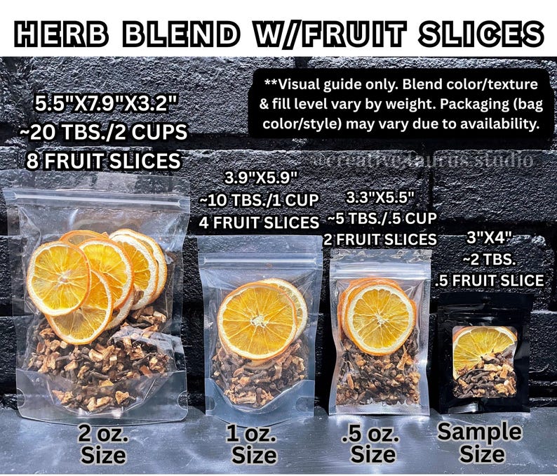May include: Four clear plastic pouches containing a dried herb blend with orange fruit slices, labelled with sizes ranging from 2 oz to sample size. Text includes HERB BLEND W/FRUIT SLICES, dimensions in inches, volume in tablespoons, and fruit slice counts.